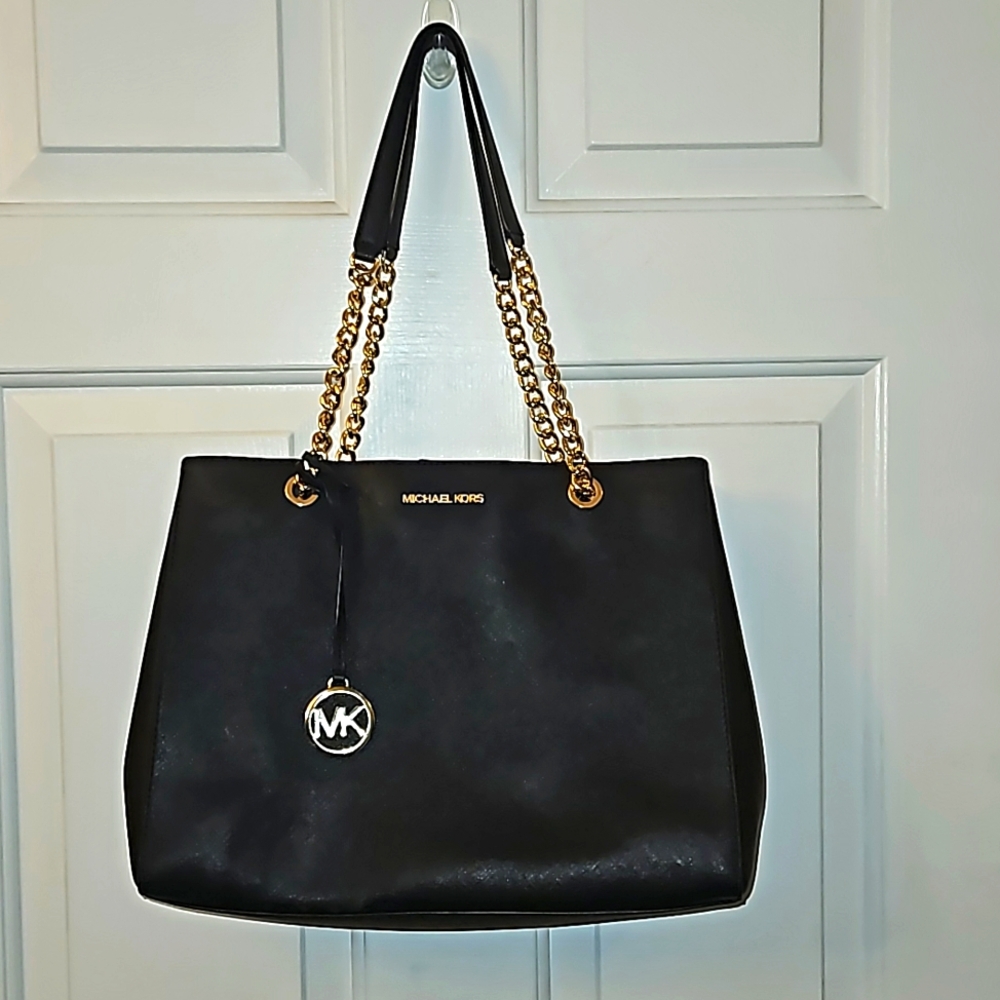 Michael Kors Black Leather Tote with Gold Chain Straps